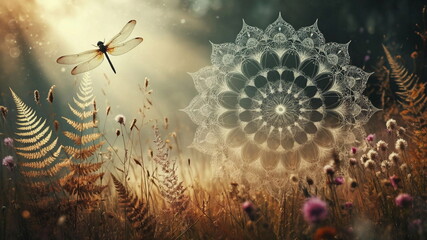 A large golden mandala on a grass field, it is surrounded by a lot of grass, a dragonfly flies by