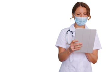 Female doctor in white coat and stethoscope using technology for patient care and online consultation. Transparent background
