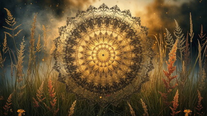 A large golden mandala is in the middle of a field of grass, it is surrounded by a lot of grass