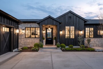 Modern house exterior showing stone and dark wood design during evening with lights illuminating entryway and clear sky above