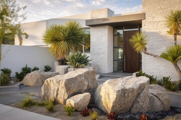 Unique house with stone features and desert plants in a modern landscape design showcasing nature and architecture in harmony at sunset