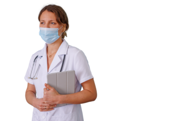 Female doctor wearing surgical mask and stethoscope, holding a digital tablet, working in medical healthcare profession, isolated on transparent background