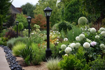 Rows of garden lights stand tall in a colorful garden filled with various plants, flowers, and shrubs during daytime in a well-maintained outdoor space
