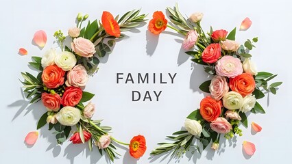 Heart shaped floral wreath with family day text