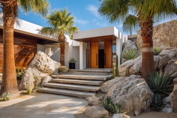 A contemporary house features elegant stone steps and vibrant greenery, all situated in a sunlit area embraced by majestic palm trees and sizable rocks during the day