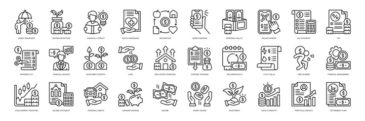Personal Finance Management icon collection line style. containing Money Insurance, Savings Milestone, Financial Literacy, Health Insurance, Necessities,  Financial