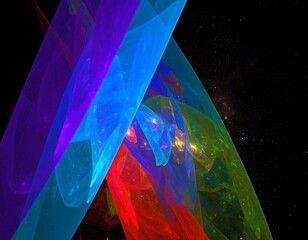 Abstract digital art with intersecting colored lines, set against a dark, starry background