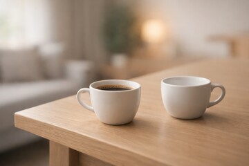 A Cozy Morning Scene Featuring Two Cups of Coffee on a Wooden Table in a Softly Lit Room, Perfect for Relaxation and Enjoyment