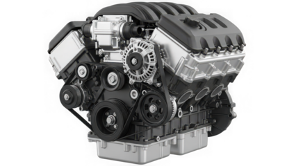 Automotive v8 engine block assembly isolated on transparent background