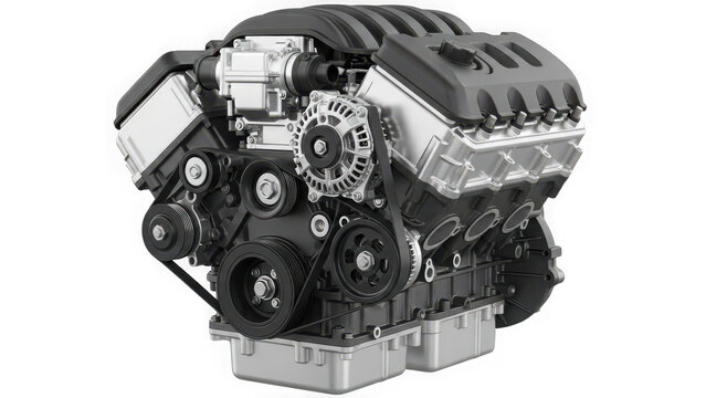 Automotive v8 engine block assembly isolated on transparent background