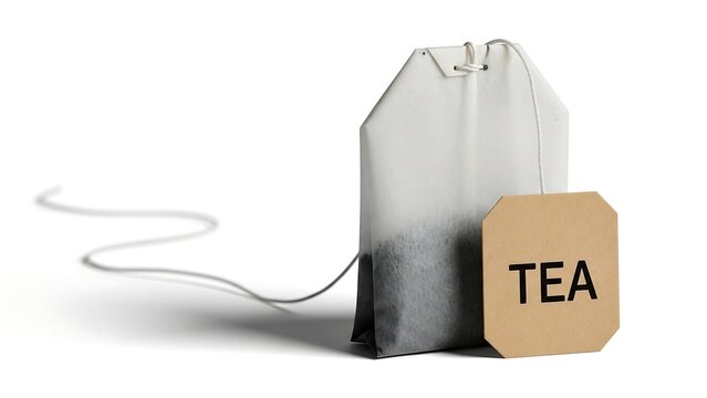 Tea bag with cardboard tag closeup.