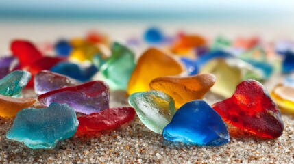Assortment of smooth, colorful sea glass fragments scattered on a sandy beach with a blurred ocean background