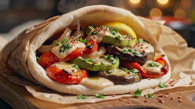 Close up of a filled pita bread with assorted grilled vegetables and sauce