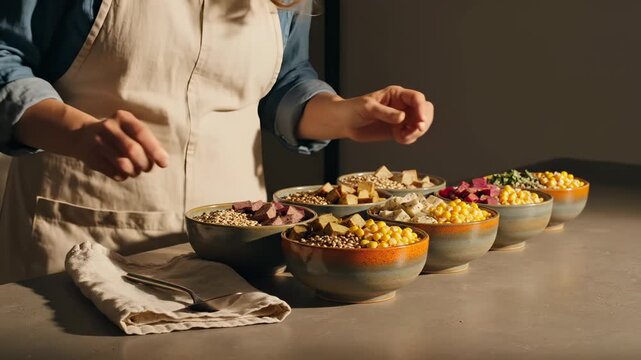 Person arranges bowls with quinoa and tofu on table. Chef touches bowls filled with chickpea and grain. Person prepares healthy meal bowls. Quinoa bowls with tofu cubes ready for serving.