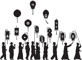 Silhouettes of people in traditional clothing carrying lanterns in a procession © MdSaddam