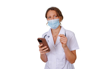 Female doctor wearing mask, using smartphone for telehealth and online communication while looking away, transparent background