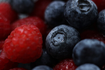 Macro close-up photograph of fresh blueberries and raspberries with rich natural colors and shallow...