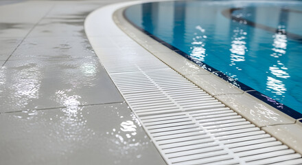 Sparkling clean swimming pool edge with clear blue water reflecting lights and wet tiled walkway