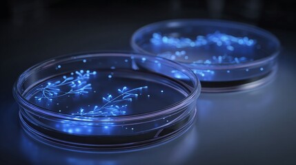 Bioluminescent microorganisms glowing in a laboratory petri dish showcasing scientific research and discovery.