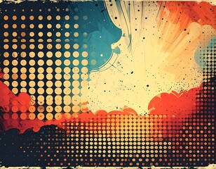 Abstract digital artwork showing clouds, light rays, and halftone patterns with a vintage feel