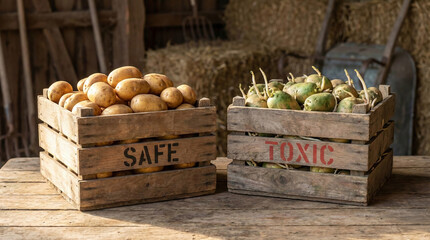 Rustic wooden crates comparing safe healthy potatoes versus toxic green sprouting tubers containing solanine with stenciled warning signs in farm storage