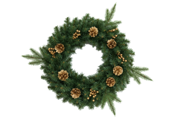 Lush, vibrant deep green evergreen Christmas garland wreath with glittering golden pinecones, two smaller branches on a transparent background with copy space, festive elegance and holiday warmth