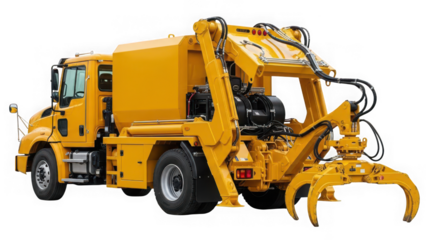 Yellow grapple loader truck for waste collection and recycling isolated on transparent background