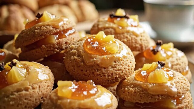 Close up of baked goods with fruit toppings on a plate