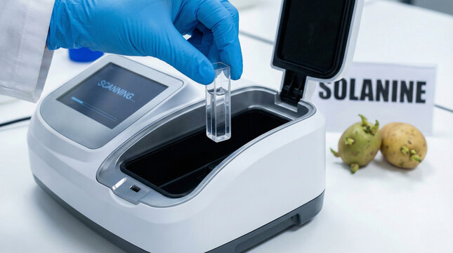 Food scientist inserting quartz cuvette with sample into digital spectrophotometer for solanine analysis in laboratory with toxic green potatoes in background