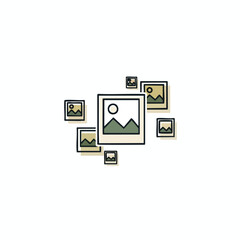 Line-drawn illustration of photos, one larger central image, surrounding smaller framed photos