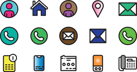 Colorful contact and location icon set with phone email and mobile symbols for app and web UI