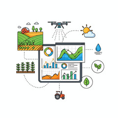 Naklejka premium Diagram showing agricultural technology, including drone, barn, charts, weather, & tractor