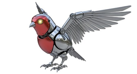 Detailed metallic robot robin with red chest isolated on white background