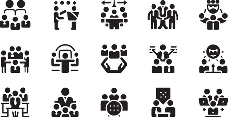 Black teamwork and people management icon set representing collaboration leadership and business roles