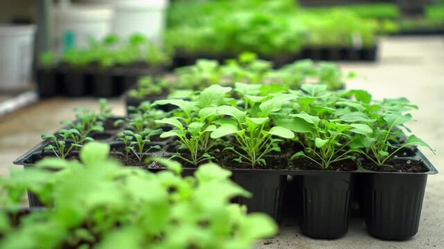 Young green seedlings sprout from black trays in a greenhouse.