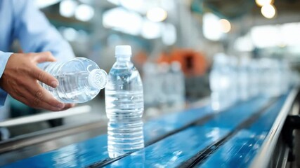 Medium shot of a technician applying shrink sleeve labels on plastic bottles highlighting the precision in label design and alignment in a bright packaging facility.