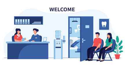 Patients sitting in the waiting area of a modern dental clinic, with receptionists welcoming them at the front desk.