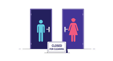 Public restroom doors for men and women with a sign that reads 'Closed for Cleaning' placed on the floor in front.