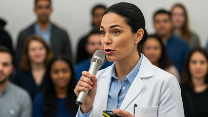 Confident Hispanic Woman in White Lab Coat Delivering a Presentation to Diverse Audience in a Professional Setting