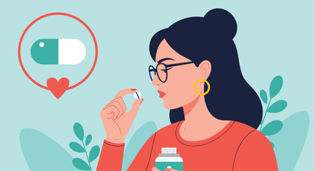 Young woman with glasses taking a pill or vitamin supplement for her health, with a capsule and heart icon nearby.
