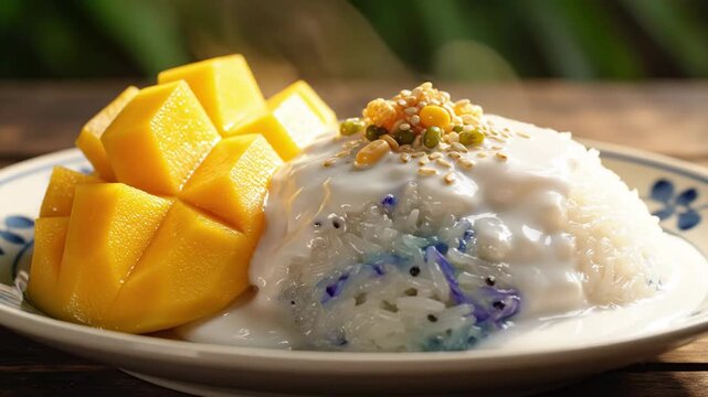 Close up of mango sticky rice dessert with fresh mango slices and coconut cream