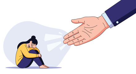 Large, supportive hand reaching out to help a sad and depressed woman who is sitting curled up on the floor alone.