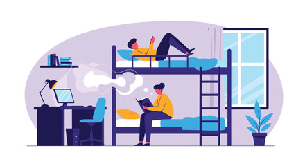 Two students in a college dorm room, with one reading a book on the bottom bunk and the other using a phone.