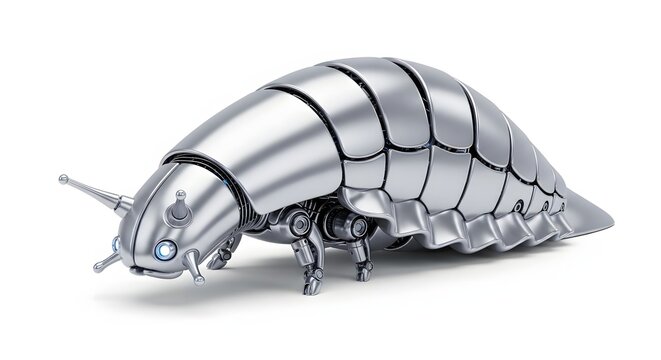 Detailed metallic robot insect with segmented body isolated on white background
