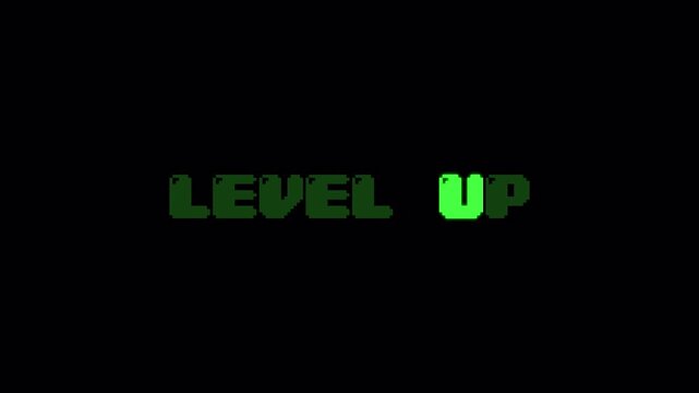 Retro 8-bit Pixel level up Text Glow Animation Loop on Black Screen, Gaming Achievement Notification VFX 4k video animation seamless loop