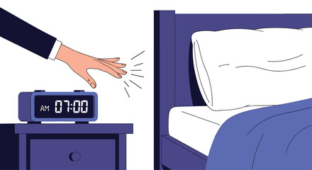 Person's hand reaching out from bed to turn off a loud digital alarm clock on the nightstand early in the morning.