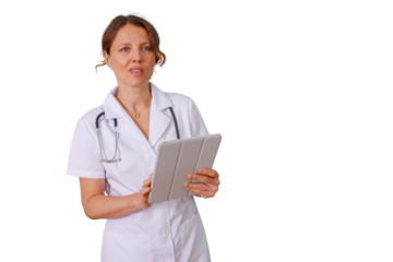 Female doctor talking, explaining medical advice, using a digital tablet for telemedicine on a transparent background
