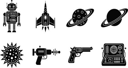 Retro Sci Fi Space Icon Set with Robot, Rocket, Planets, Sun, Ray Guns and Futuristic Computer in Black Silhouette Style © Shadhona