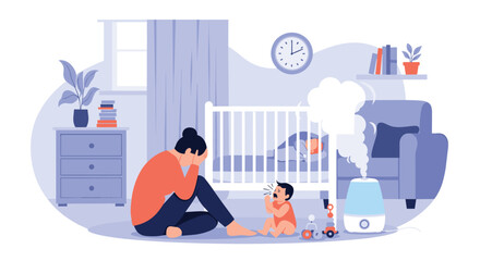 Overwhelmed mother suffering from postpartum depression and stress while her baby cries and another sleeps in the crib.