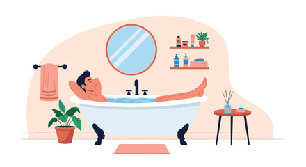 Young man relaxing and enjoying a warm bath in a stylish, modern bathroom for a moment of peace and self-care.